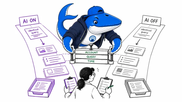 Sonar and a researcher run identical query cards through AI-on and AI-off lanes while account, query and time remain fixed.