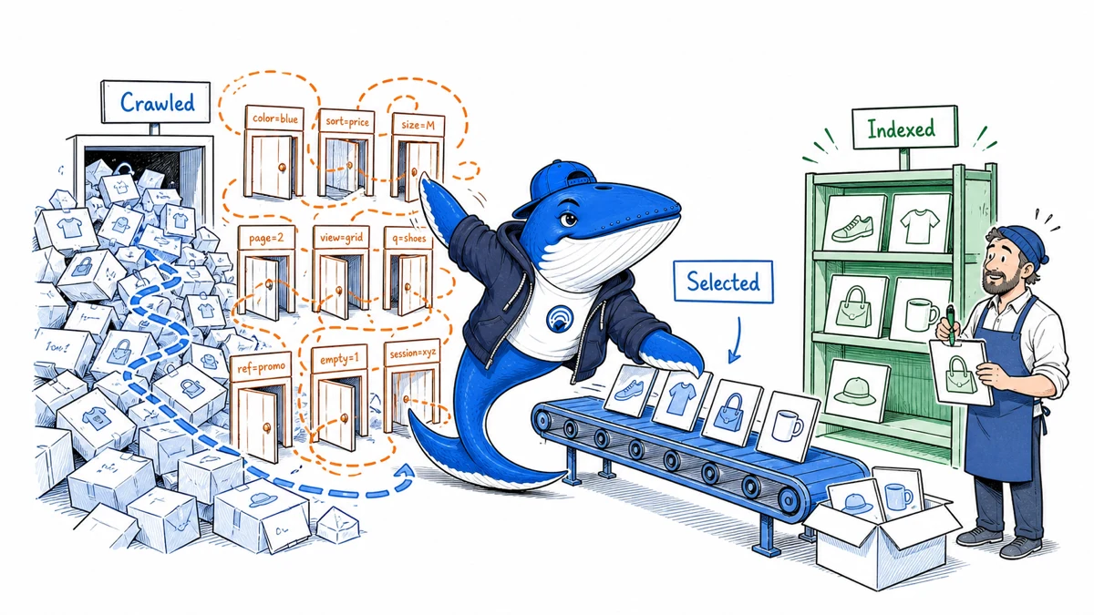 Sonar the Answer Whale guides product pages through discovery, crawl, canonical, and index selection checkpoints.