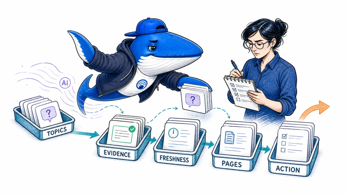 Sonar the Answer Whale sorts Microsoft Clarity AI citation topic cards into maintain, update, consolidate, investigate, and leave-alone review lanes.