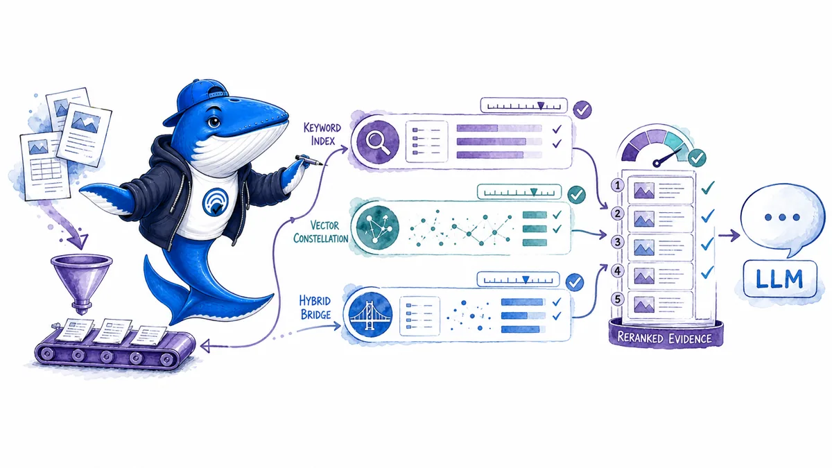 Sonar inspects ingestion, BM25, vector, hybrid, and reranking stages before an LLM answer.