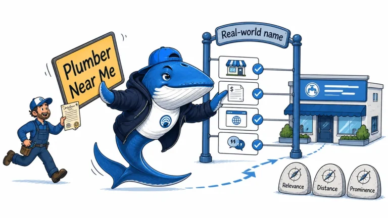 Sonar the Answer Whale checks a Near Me business name against storefront, website, directory, and customer-facing evidence.