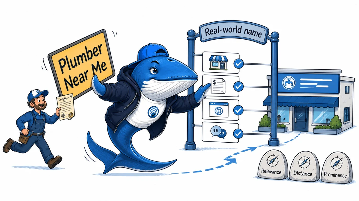 Sonar the Answer Whale checks a Near Me business name against storefront, website, directory, and customer-facing evidence.