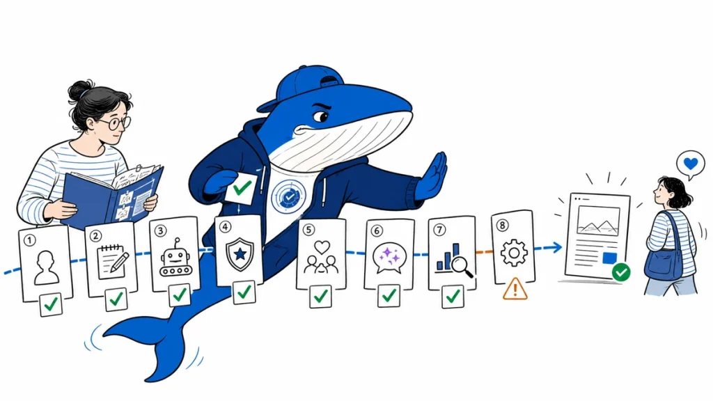 Sonar guides a newsroom editor through eight evidence gates covering accountability, original reporting, access, trust, interests, AI answers, measurement, and maintenance.