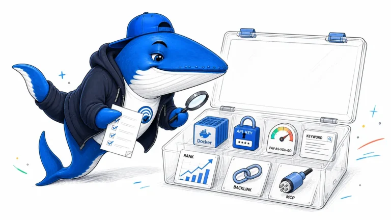 Sonar the Answer Whale inspects an open SEO toolbox containing Docker, an API key, pay as you go meter, rank chart, backlink, keyword, and MCP parts.