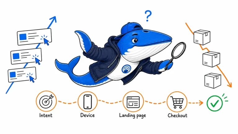 Sonar the Answer Whale investigates rising click cards and falling purchase boxes through Intent, Device, Landing page, and Checkout checkpoints.