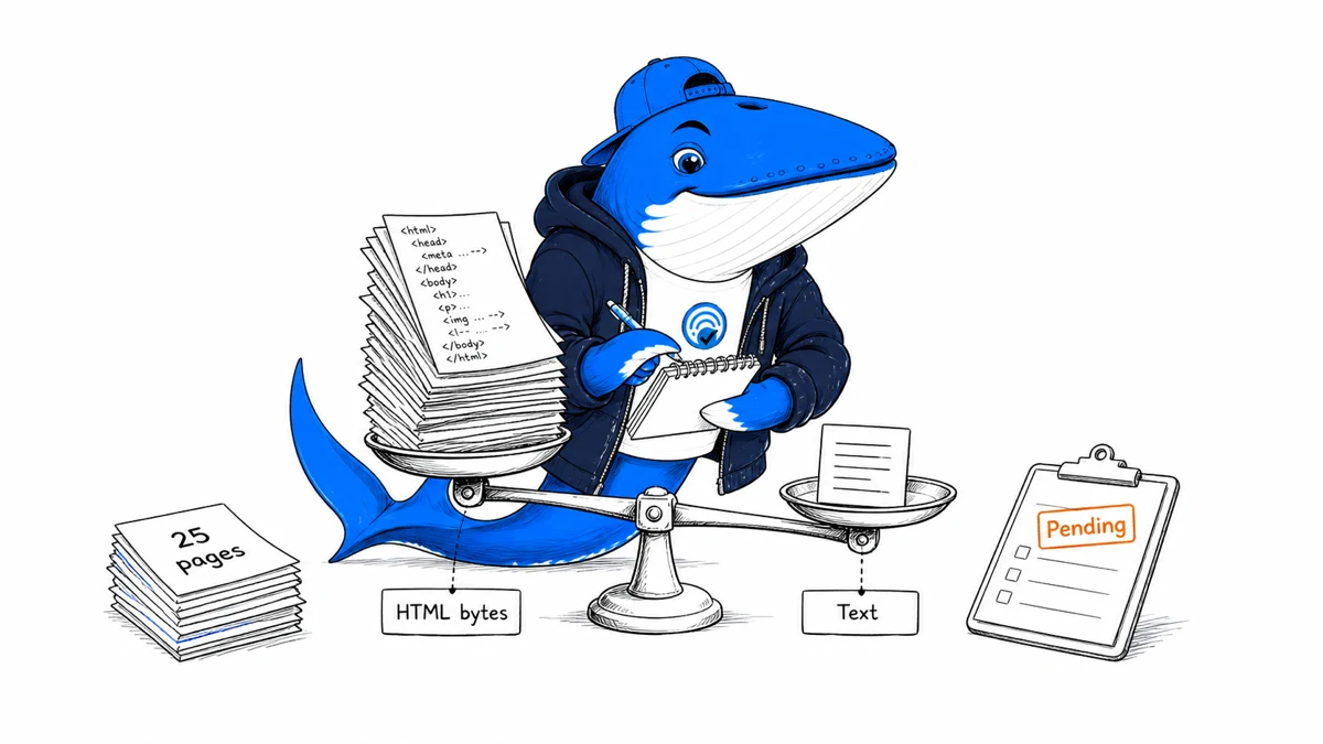 Sonar the Answer Whale balances HTML bytes and text beside a stack labeled 25 pages and a clipboard stamped Pending.