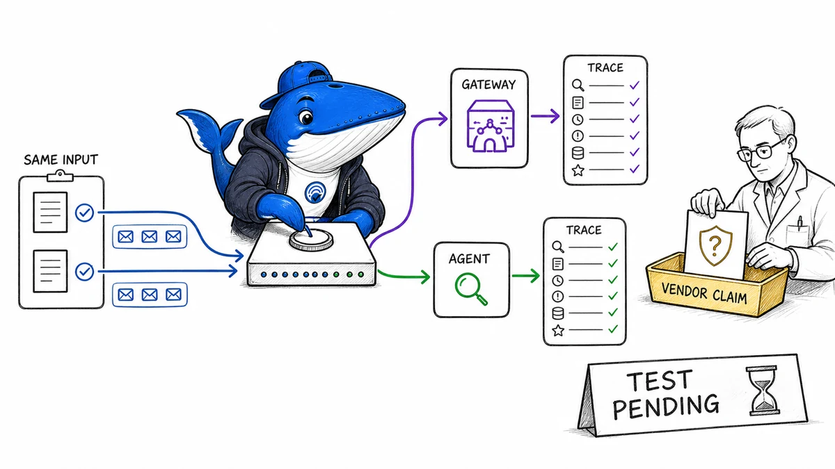 Sonar routes identical inputs through model gateway and agent paths while a researcher records traces and isolates a vendor claim.