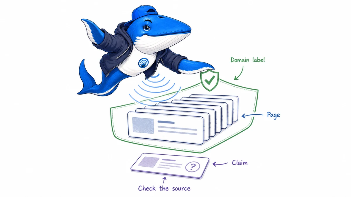 Sonar the Answer Whale points from a domain label to separate page and claim cards with a reminder to check the source.