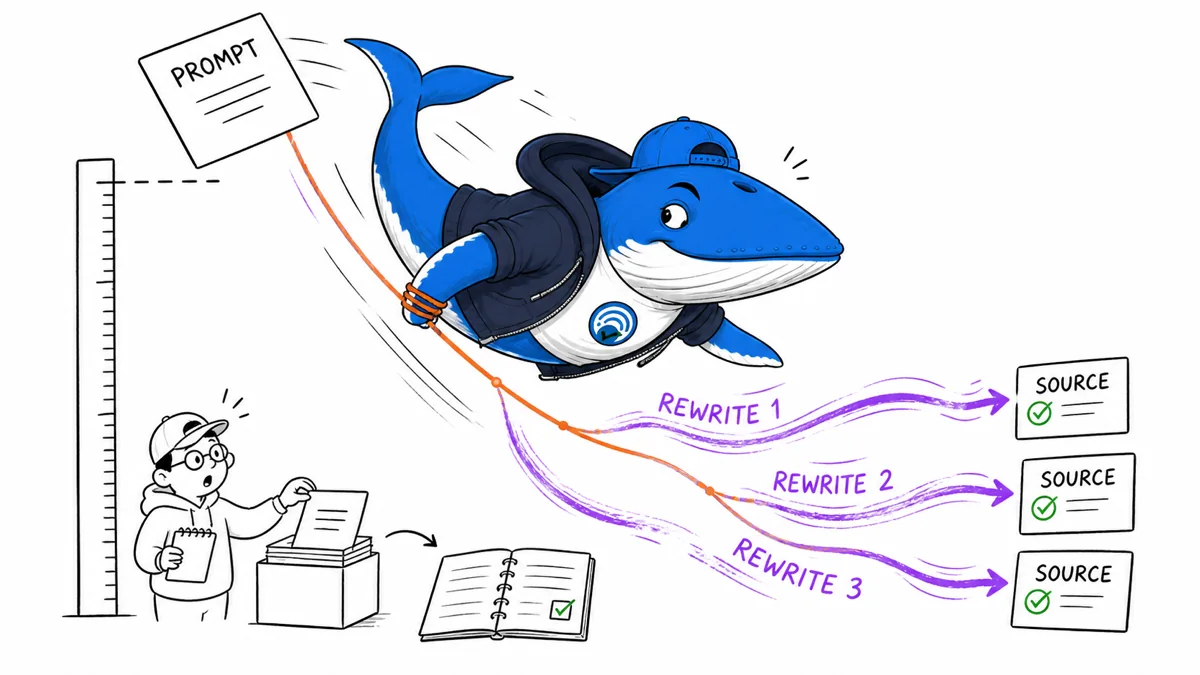 Sonar traces one prompt as it splits into three rewritten search currents leading to separate source cards.