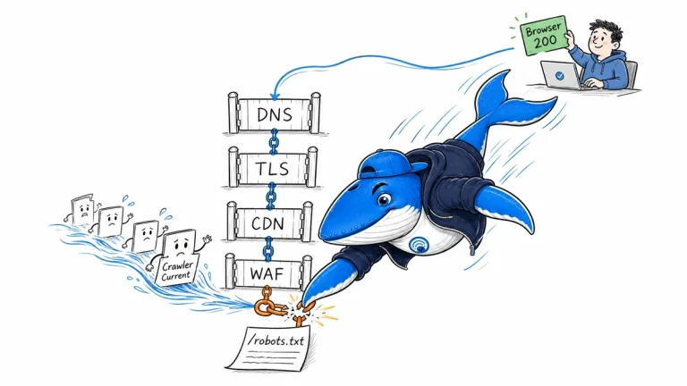 Sonar the Answer Whale traces a broken robots.txt fetch through DNS, TLS, CDN, and WAF checkpoints.