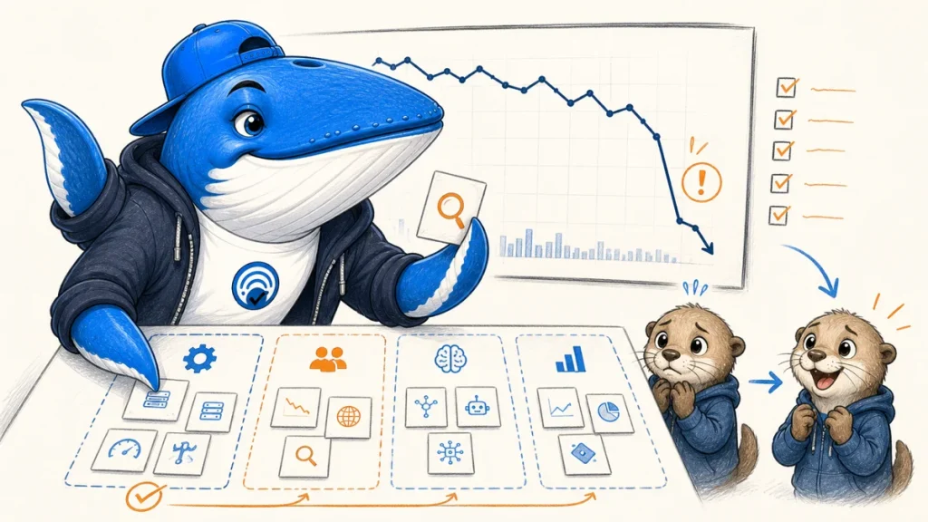Sonar the Answer Whale investigates a falling search traffic chart using separate evidence cards for measurement, demand, technical issues, and updates.