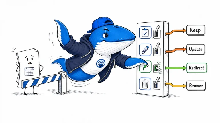 Sonar the Answer Whale reviews cards labeled Keep, Update, Redirect, and Remove for a seasonal web page.
