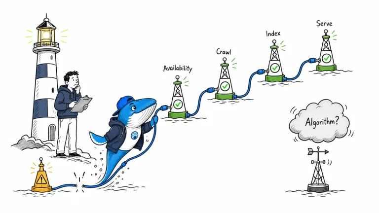 Sonar the Answer Whale investigates a website outage timeline through network, HTTP, crawl, index, and demand checkpoints.