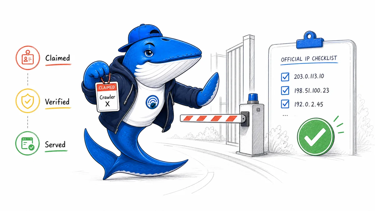 Sonar the Answer Whale checks a claimed crawler badge against an official IP list before a security gate.