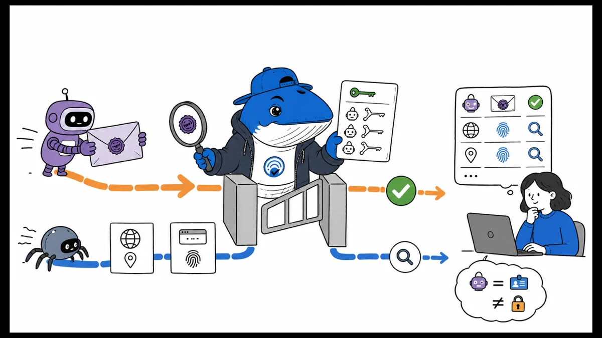 Sonar verifies a signed AI agent with a public-key directory while an unsigned crawler follows a separate fallback lane.