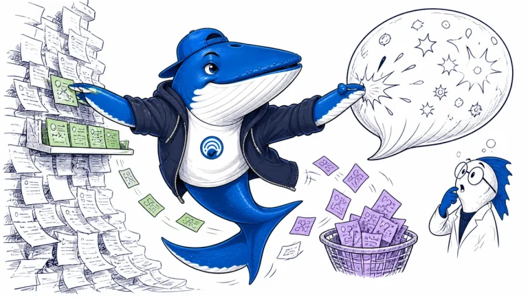 Sonar the Answer Whale sorts green evidence cards from violet uncertainty cards while puncturing an inflated claim bubble.