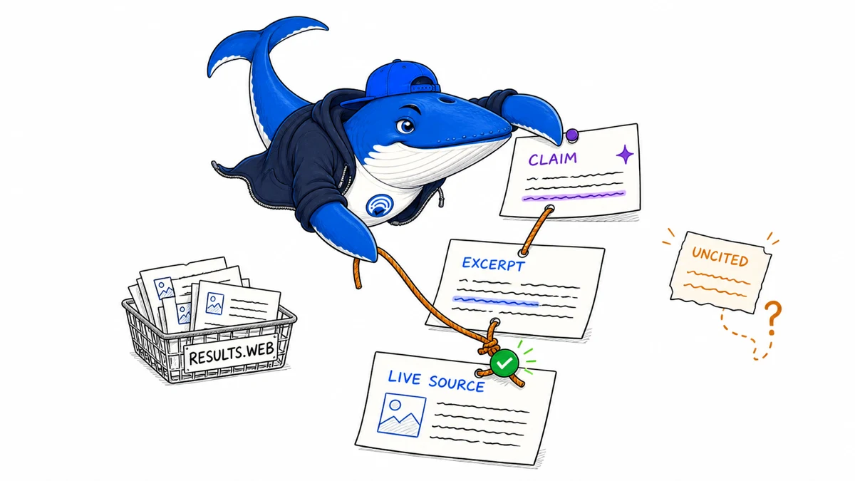 Sonar tethers an answer claim to its returned excerpt and live source while an uncited fragment remains separate.