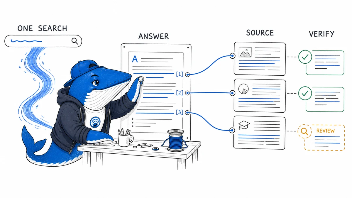 Sonar maps citations from a one-search answer to source passages and marks one unsupported claim for review.