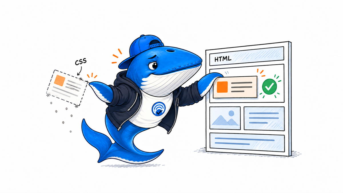 Sonar the Answer Whale moves a fading CSS-generated text card into the semantic HTML structure of a page