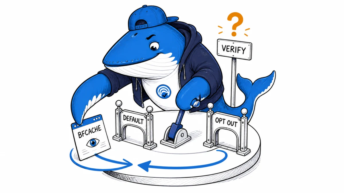 Sonar compares a bfcache page return through default and opt-out gates while an amber marker shows that post-rollout verification is still pending.