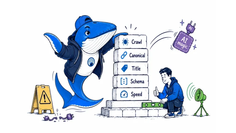 Sonar assembles crawl, canonical, title, schema and speed blocks while discarding an AI-magic plugin badge.