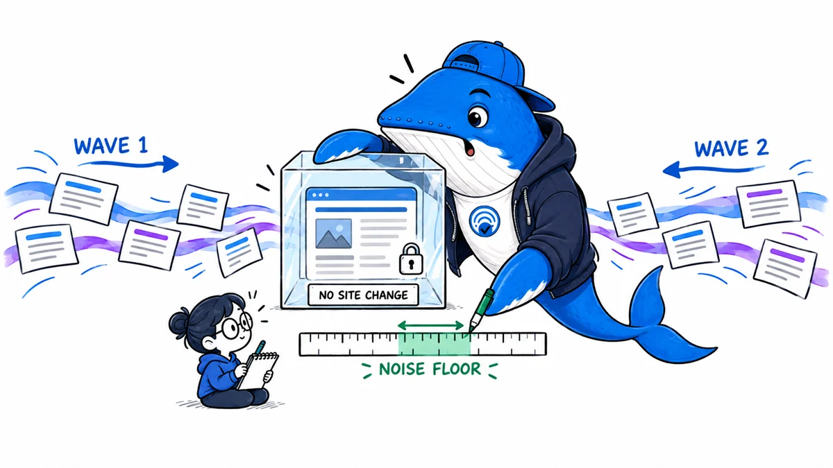 Sonar measures a noise-floor band between two waves of AI answer cards while the monitored website remains locked and unchanged.