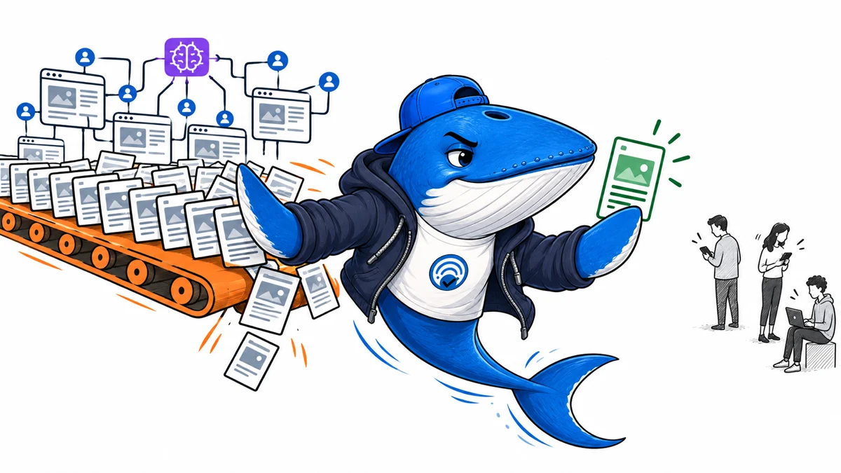 Sonar the Answer Whale pulls a verified evidence card away from a coordinated conveyor of near-identical articles while only a few readers respond
