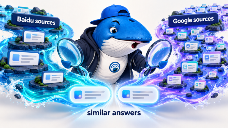 Sonar the Answer Whale compares two different source rivers that converge into similar AI answer bubbles