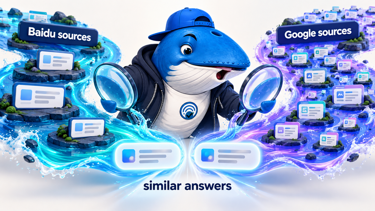 Sonar the Answer Whale compares two different source rivers that converge into similar AI answer bubbles