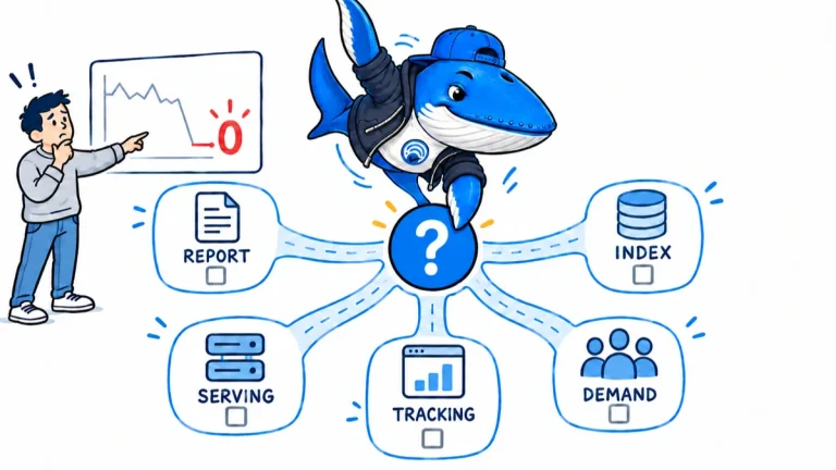 Sonar the Answer Whale traces a Bing visibility zero through reporting, indexing, serving, tracking and demand