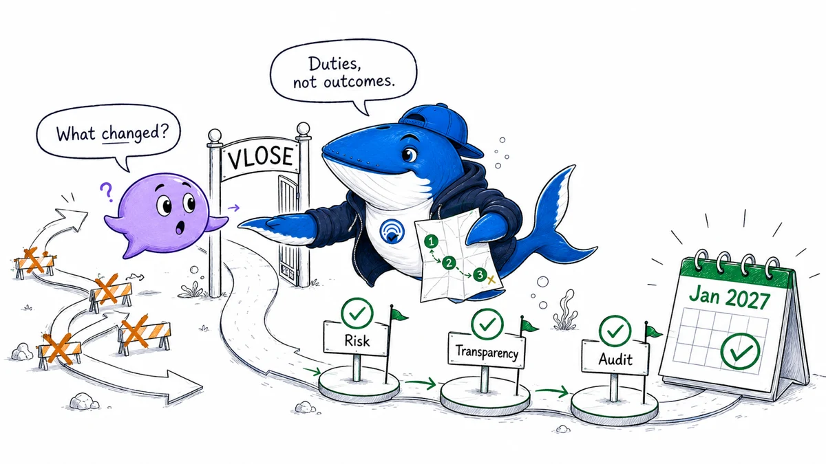Sonar guides a concerned character through VLOSE risk, transparency, and audit checkpoints toward January 2027.