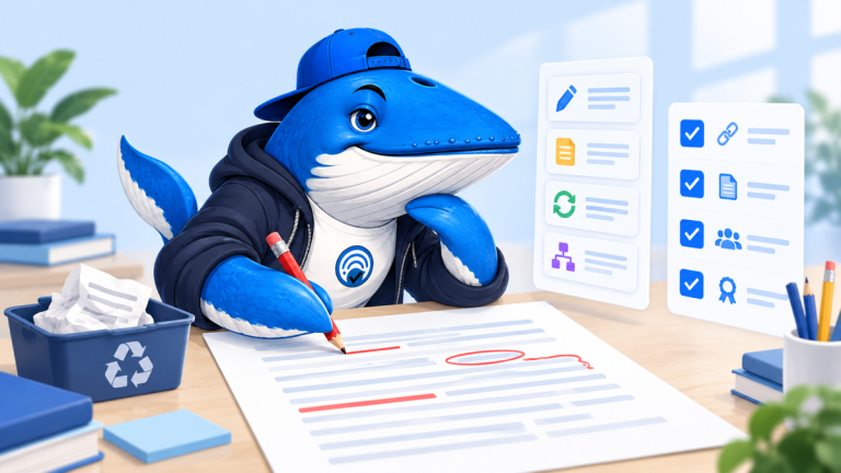 Sonar the Answer Whale edits a document beside source, claim, tone and approval checks