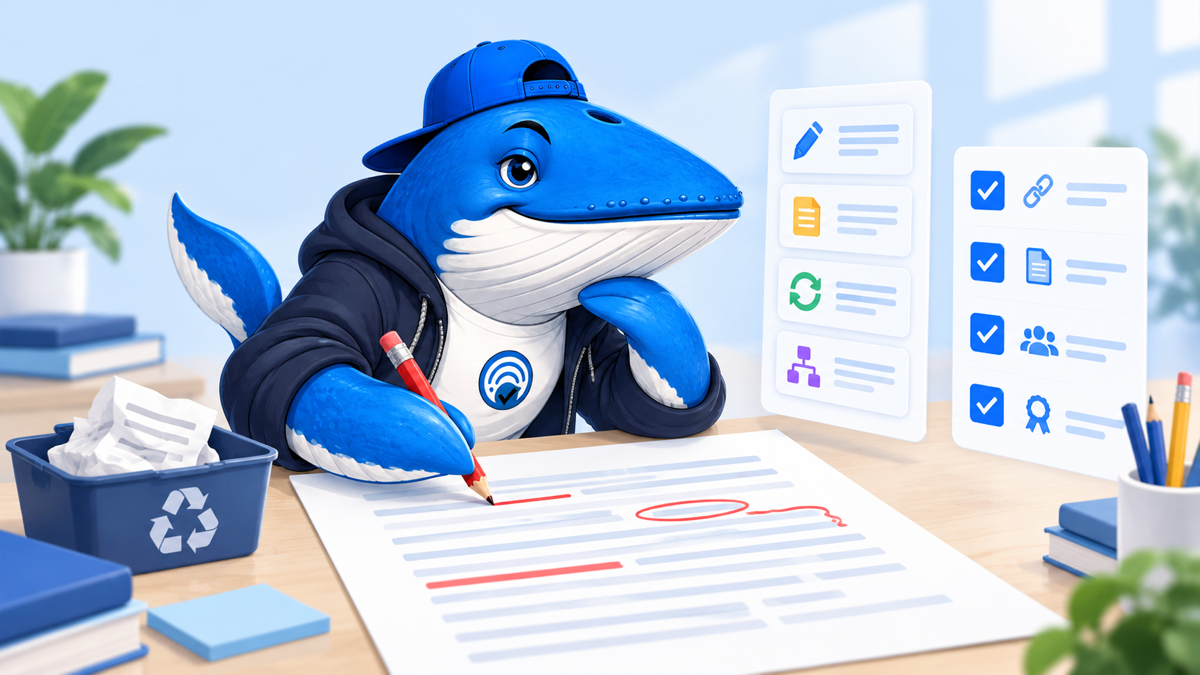 Sonar the Answer Whale edits a document beside source, claim, tone and approval checks