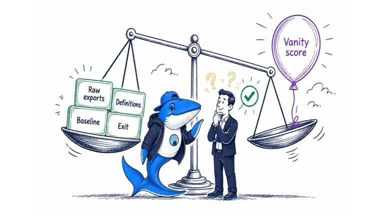 Sonar and a business owner weigh raw exports, definitions, baseline and exit terms against a vanity score balloon.