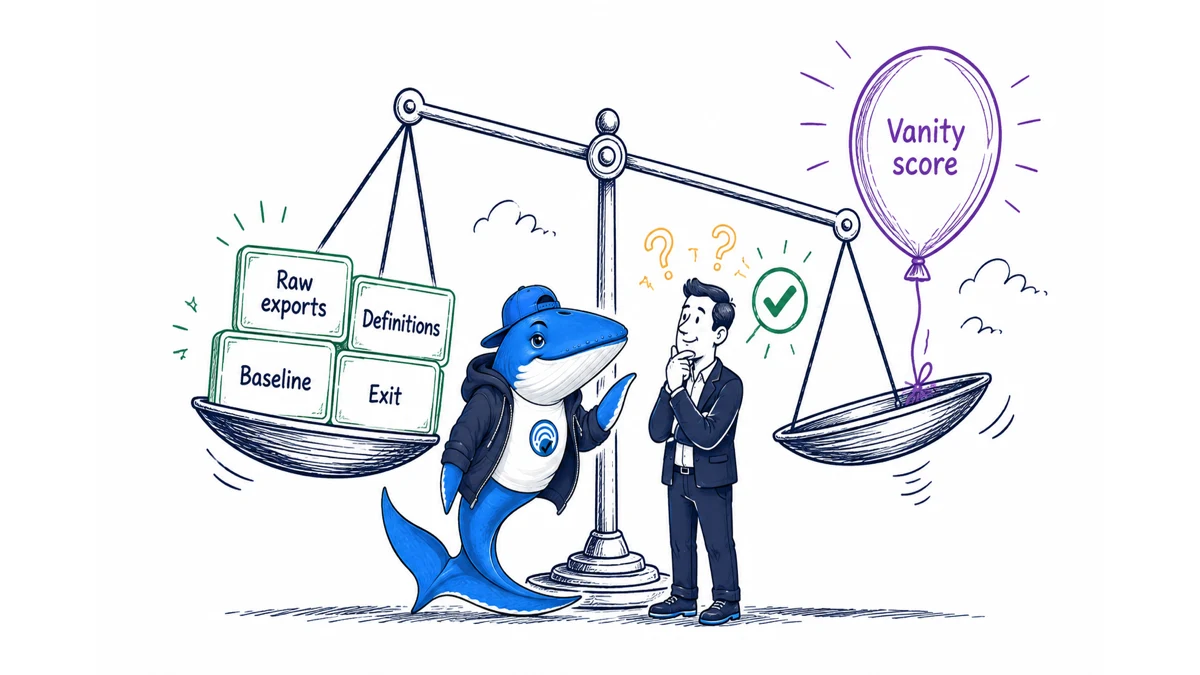 Sonar and a business owner weigh raw exports, definitions, baseline and exit terms against a vanity score balloon.