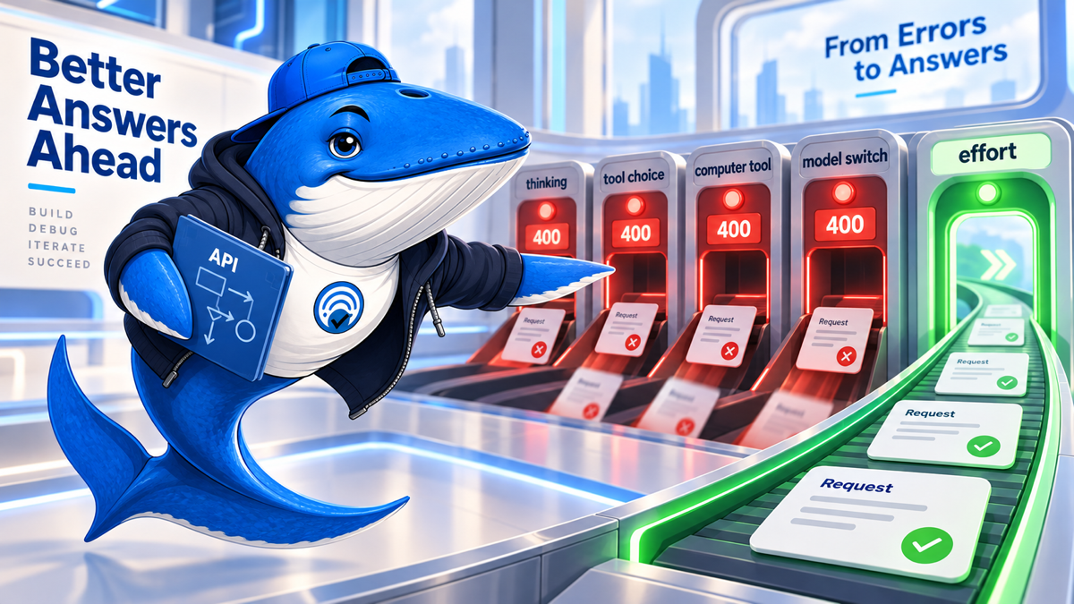 Sonar the Answer Whale reroutes API requests around four HTTP 400 error gates toward the Opus 5.5 effort control