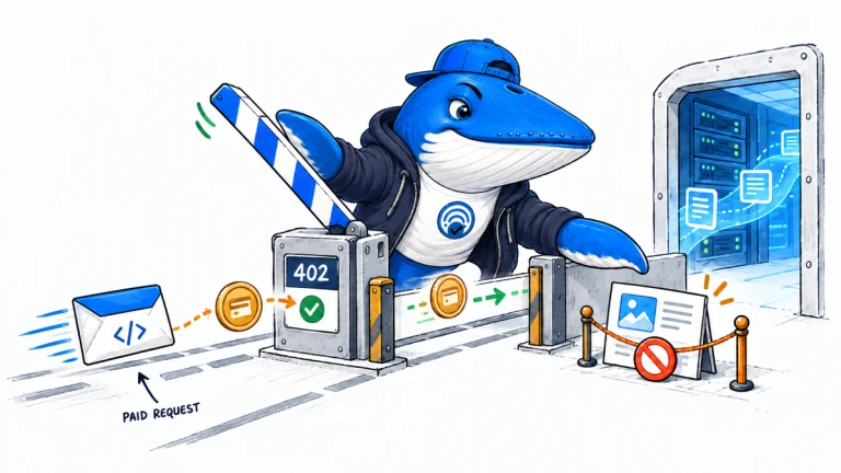 Sonar the Answer Whale raises a 402 payment gate for a live request while a reusable content card remains outside the request tunnel.