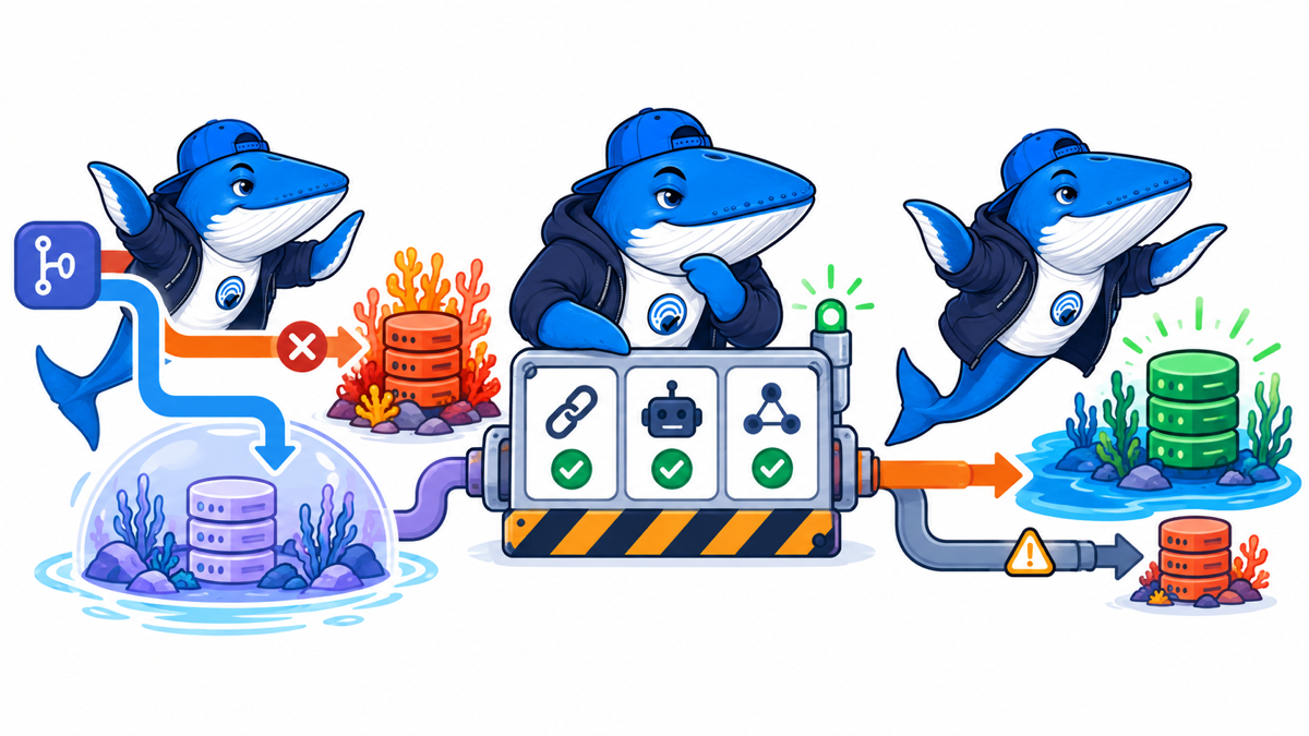 Sonar the Answer Whale routes a code branch through an isolated preview and an SEO release gate before production