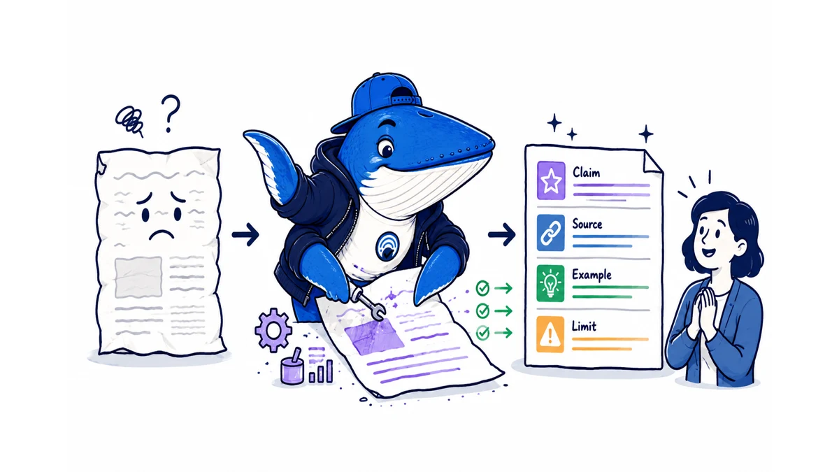 Sonar repairs a vague page into a structured page with claim, source, example and limitation.