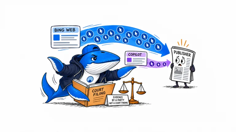 Sonar compares a broad Bing Web click path with a narrow Copilot path while holding a court filing labeled as party evidence, not a court finding.