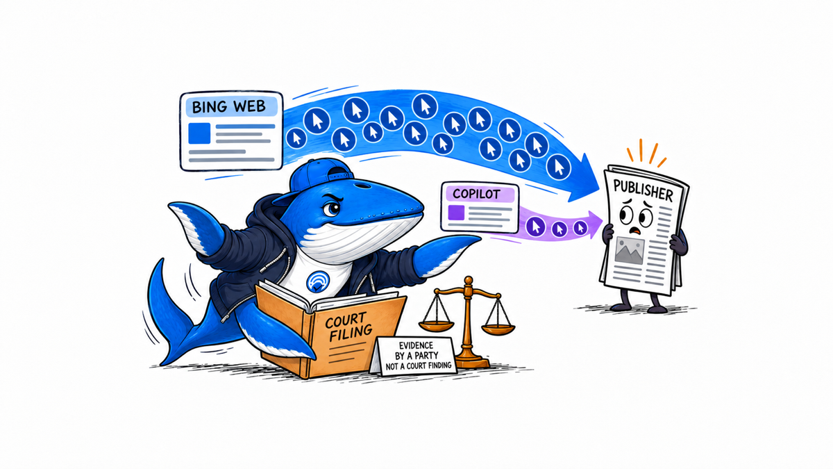 Sonar compares a broad Bing Web click path with a narrow Copilot path while holding a court filing labeled as party evidence, not a court finding.