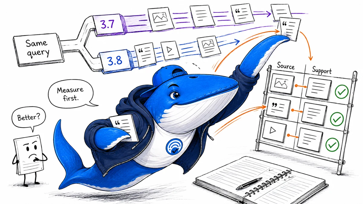 Sonar sends the same query through 3.7 and 3.8 lanes, then matches sources to supported claims.