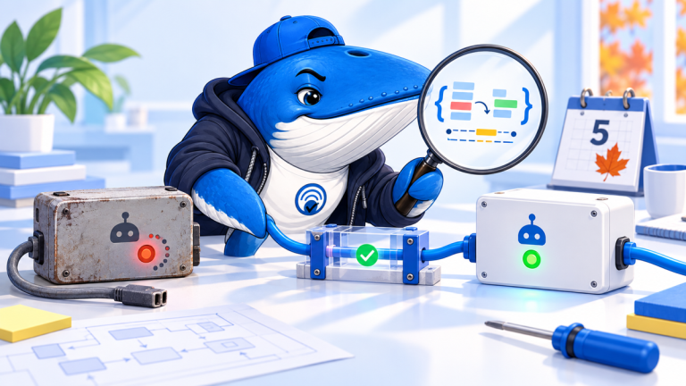 Sonar the Answer Whale compares old and new agent modules through a tool-call test fixture before October 5