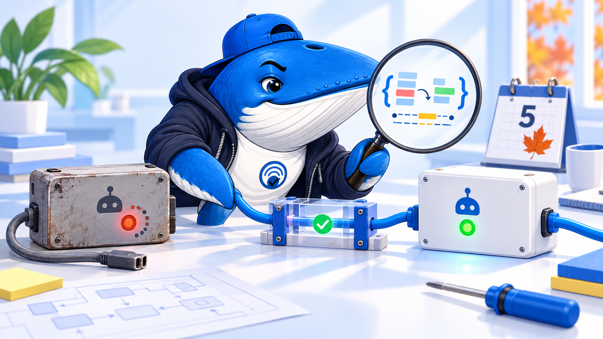 Sonar the Answer Whale compares old and new agent modules through a tool-call test fixture before October 5