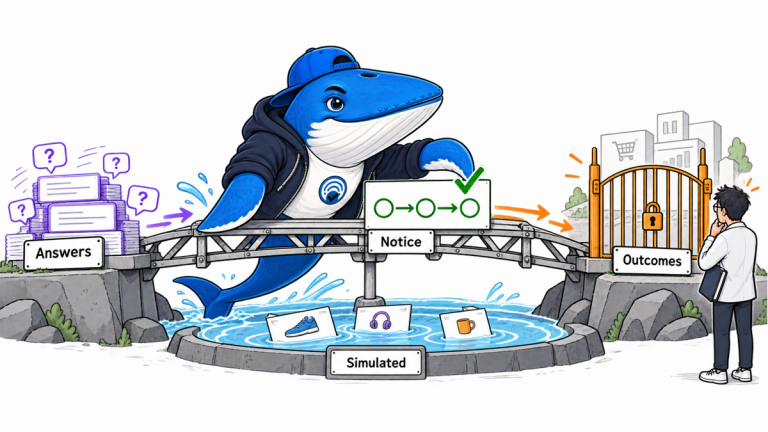 Sonar braces a causal bridge from generated answers through notice probability toward a gated business outcome above a pool marked Simulated.