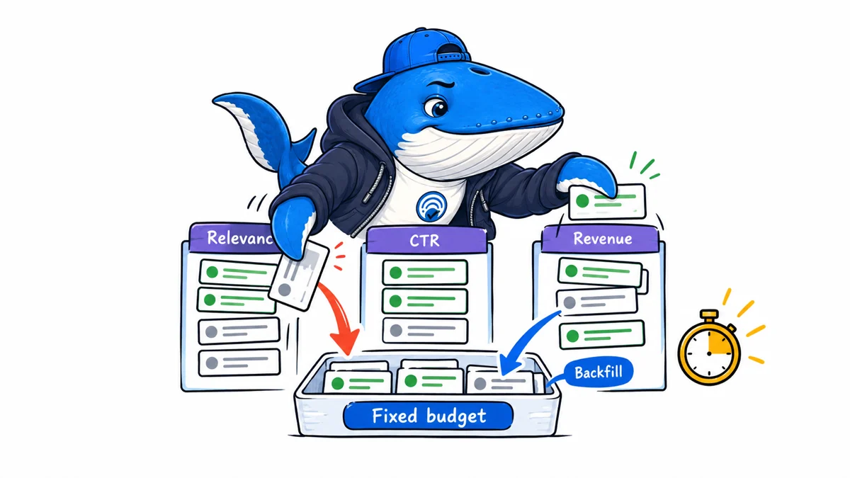 Sonar the Answer Whale allocates candidates among relevance, CTR and revenue lanes before backfilling a fixed result budget