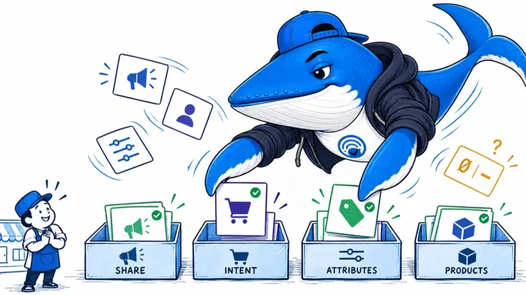 Sonar the Answer Whale sorts Merchant Center AI metrics for share, intent, attributes and products