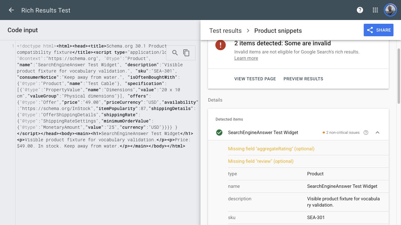 Google Rich Results Test parsing Schema.org 30.1 properties in a Product snippet fixture