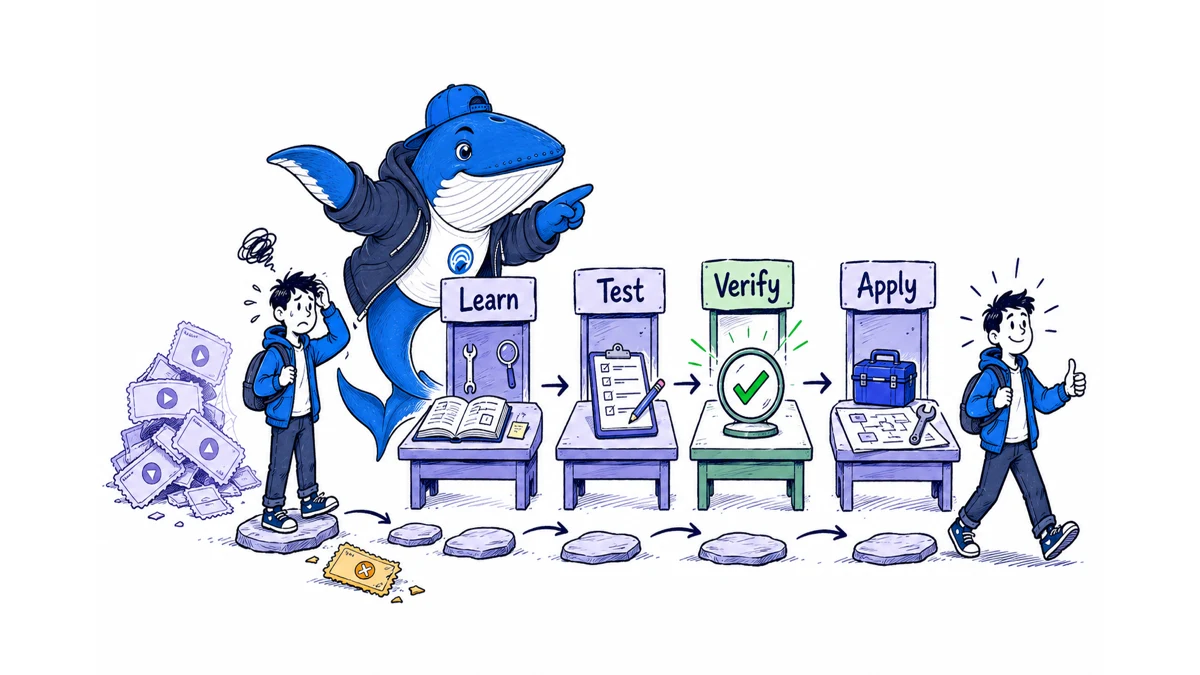 Sonar guides a learner through learn, test, verify and apply workshop stations.