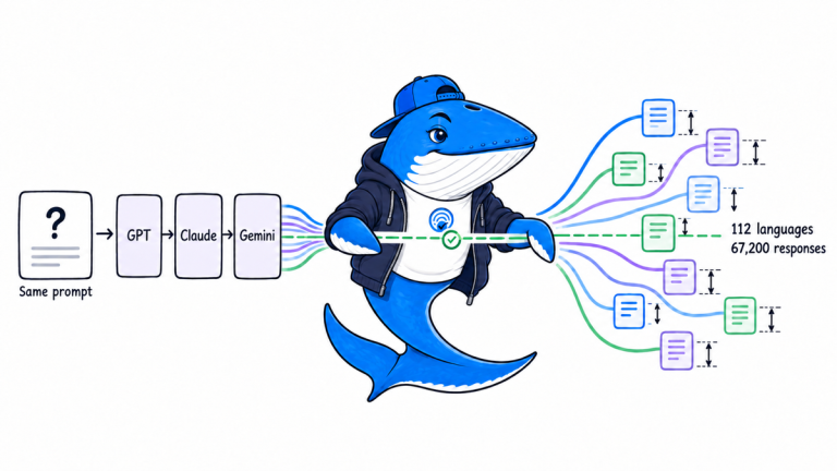 Sonar the Answer Whale holds a calibration line as the same prompt produces different answer positions across 112 languages